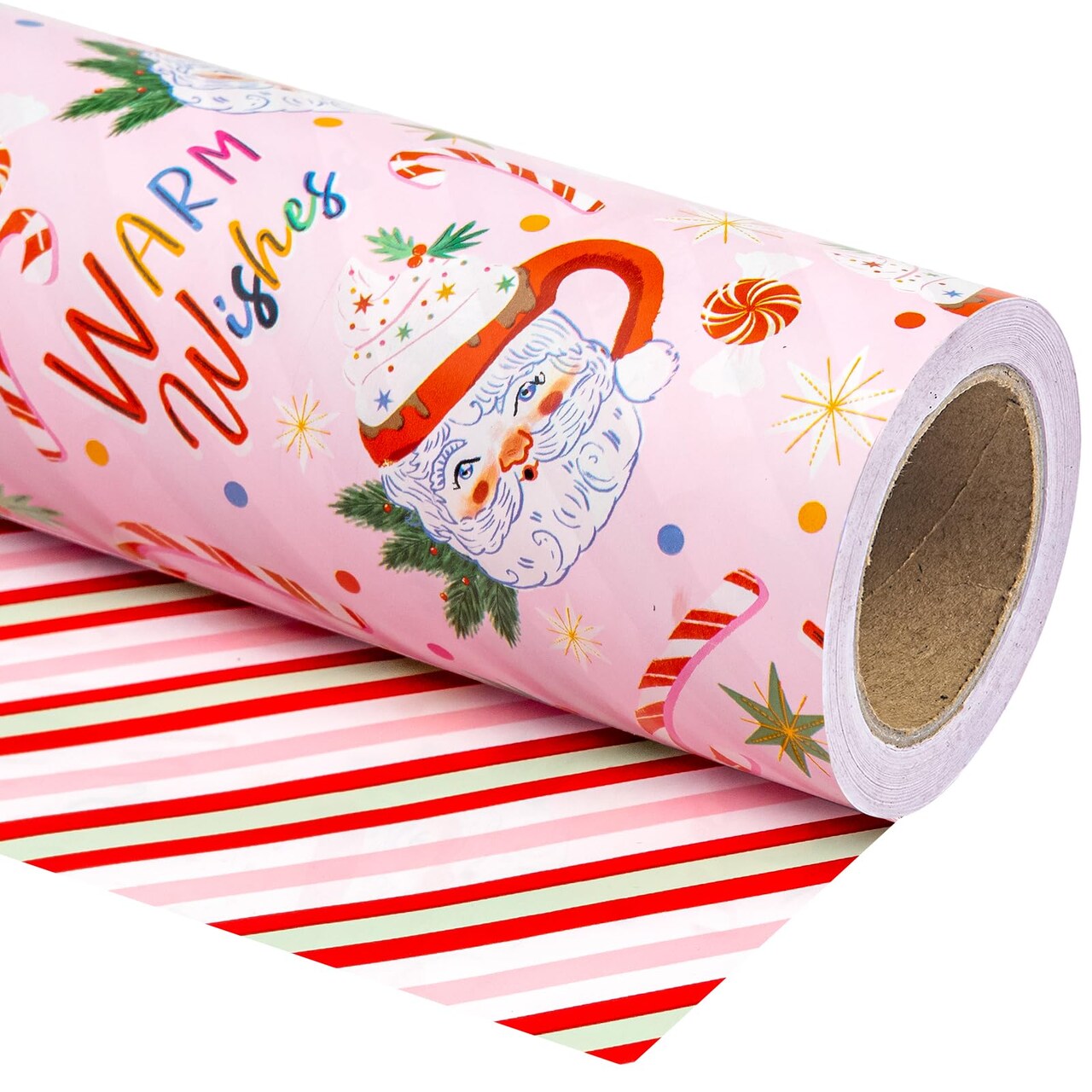 Reversible Christmas Wrapping Paper - Mini Roll - 17 Inch x 33 Feet - Santa Claus Cup and Stripe Wrapping Paper for Chrsitmas, Holiday, Party Celebration